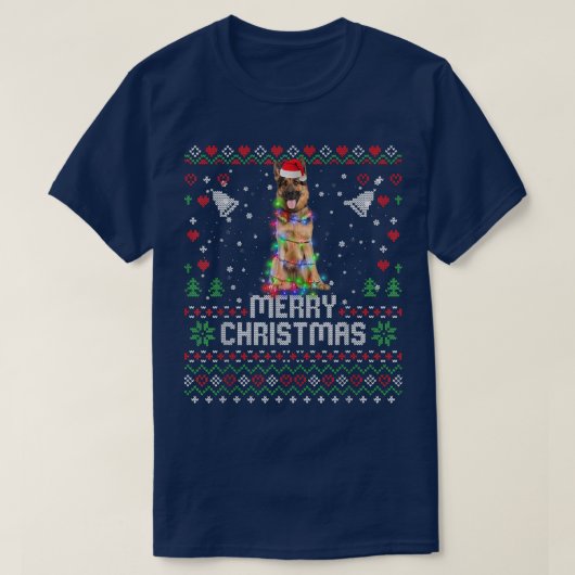 ドイツン・シェパード サンタ帽 犬 クリスマス ツリー ライト Tシャツ (デザイン正面)