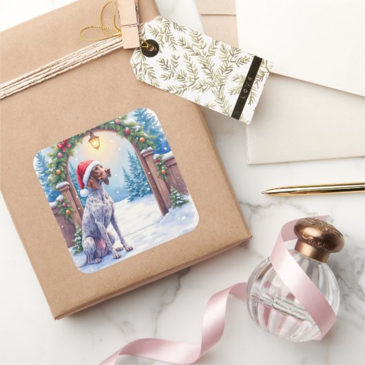 ドイツン・ショートヘアード・ポインター 雪の門のサンタ帽 スクエアシール (ギフト)