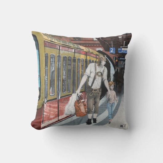 ドイツ小妖精や小人トレインタウンショッピングファンタジーアートピロー クッション (正面)