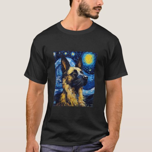 ドイツ犬の星空の夜の犬の愛犬ママパパタンク Tシャツ (正面)
