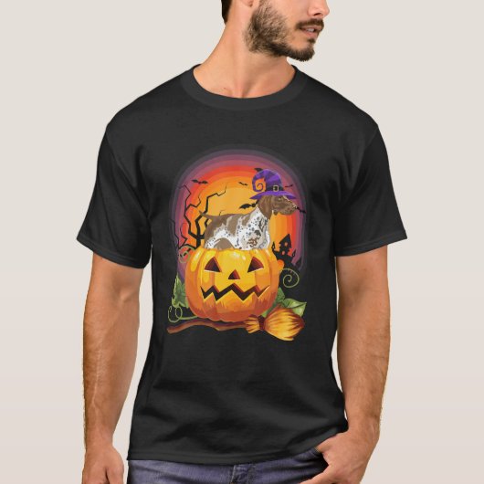 ドイツ短剣ポインタ魔女カボチャのハロウィーン Tシャツ (正面)
