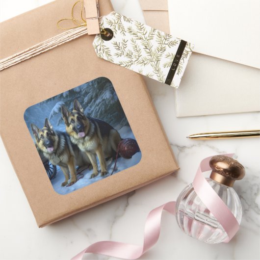 ドイツ羊飼いの雪そりのクリスマスデコール スクエアシール (ギフト)