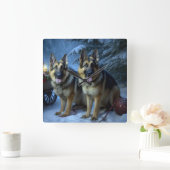 ドイツ羊飼いの雪そりのクリスマスデコール スクエア壁時計 (ホーム)