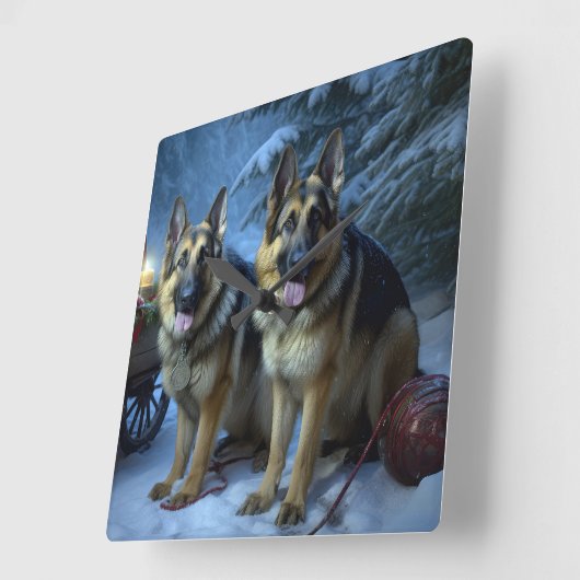 ドイツ羊飼いの雪そりのクリスマスデコール スクエア壁時計 (傾斜)