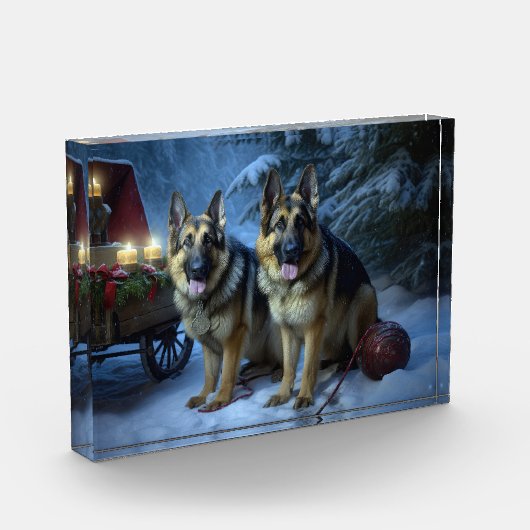 ドイツ羊飼いの雪そりのクリスマスデコール フォトブロック (左)