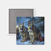 ドイツ羊飼いの雪そりのクリスマスデコール マグネット (正面/裏面)