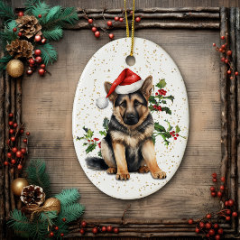 ドイツ羊飼い子犬クリスマスホリー セラミックオーナメント