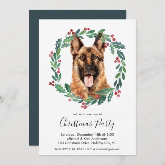 ドイツ羊飼い犬のエレガントクリスマスパーティー 招待状 (正面/裏面)