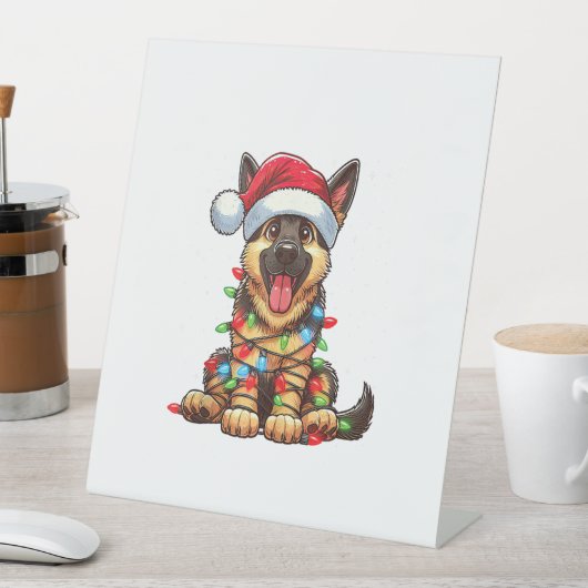 ドイツ羊飼い犬のクリスマスライトサンタハットクマ 台座サイン (インサイチュ)