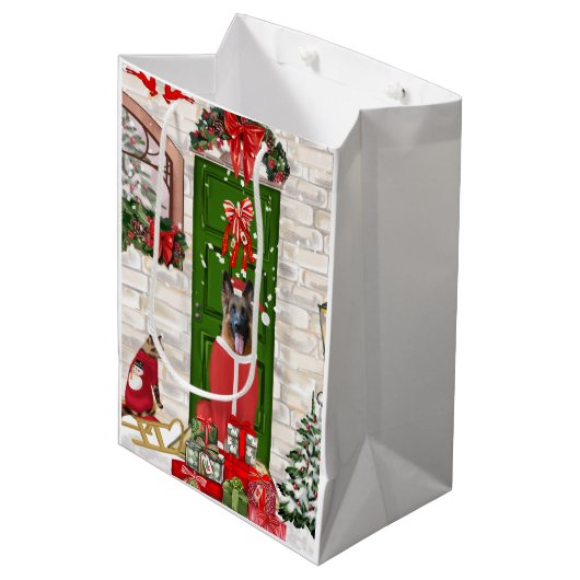 ドイツ羊飼い犬のクリスマス ミディアムペーパーバッグ (正面アングル)