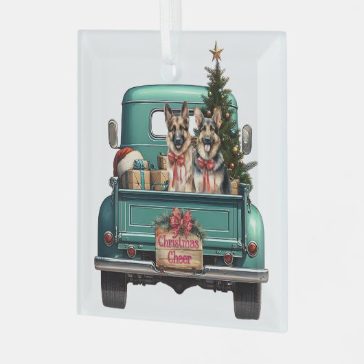 ドイツ羊飼い犬の二匹のトラックのクリスマス ガラスオーナメント (正面左)
