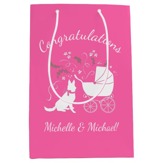 ドイツ羊飼い犬の赤ちゃんシャワーピンクの女の子 ミディアムペーパーバッグ (正面)