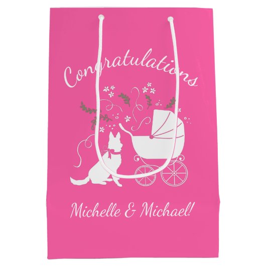 ドイツ羊飼い犬の赤ちゃんシャワーピンクの女の子 ミディアムペーパーバッグ (裏面)