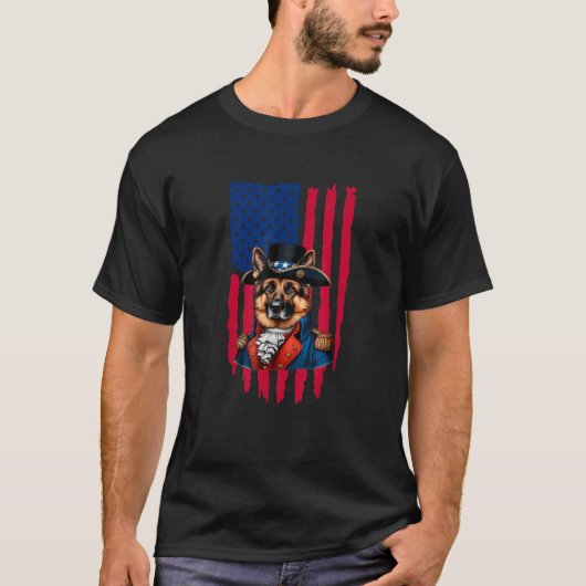 ドイツ羊飼い犬アメリカ国旗おもしろい7月4日 Tシャツ (正面)