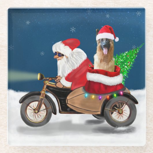 ドイツ羊飼い犬クリスマスサンタクロース ガラスコースター (正面)