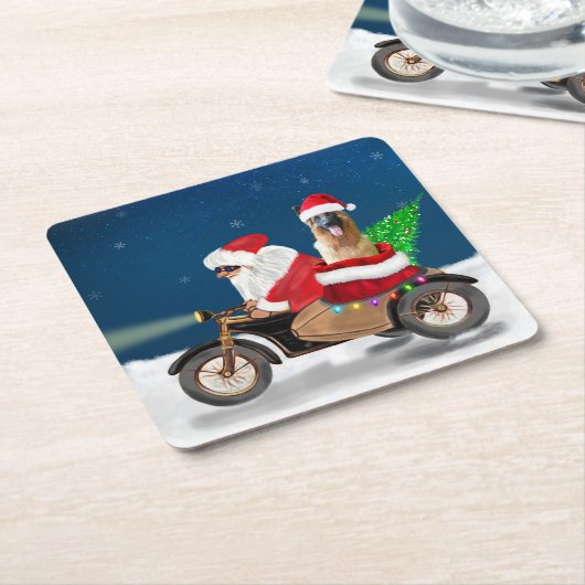ドイツ羊飼い犬クリスマスサンタクロース スクエアペーパーコースター (アングル)