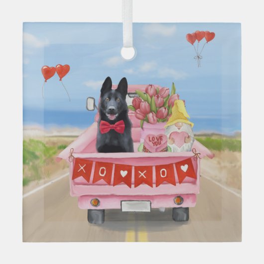 ドイツ羊飼い犬バレンタインデートラックハート ガラスオーナメント (正面)
