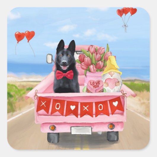 ドイツ羊飼い犬バレンタインデートラックハート スクエアシール (正面)