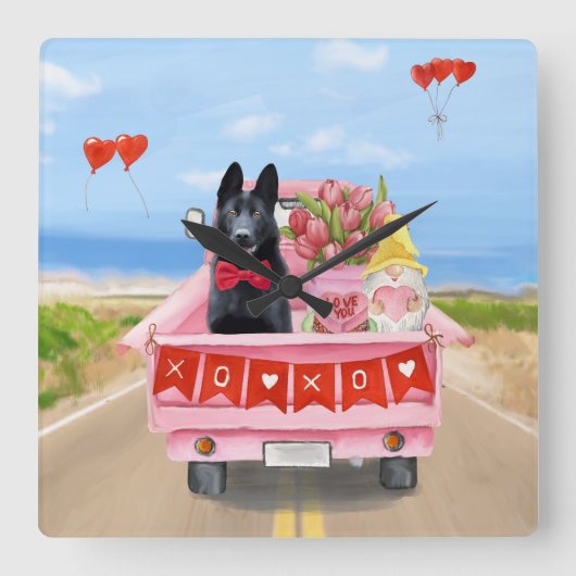 ドイツ羊飼い犬バレンタインデートラックハート スクエア壁時計 (正面)
