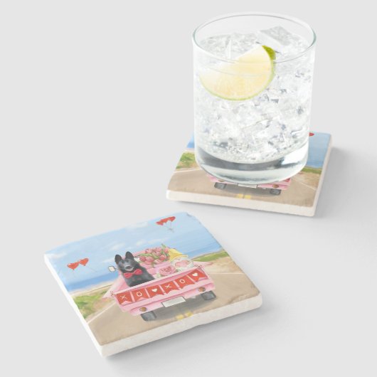 ドイツ羊飼い犬バレンタインデートラックハート ストーンコースター (横)