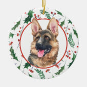 ドイツ羊飼い犬レッドベリーホリー縁どセラミック セラミックオーナメント (正面)