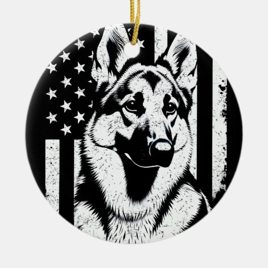 ドイツ羊飼い犬USA7月4日アメリカ国旗 セラミックオーナメント (正面)