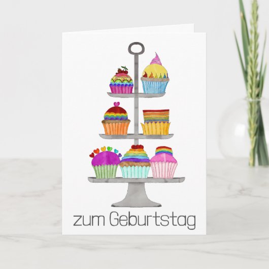 ドイツ誕生日レインボーカラープライドカップケーキ カード (正面)