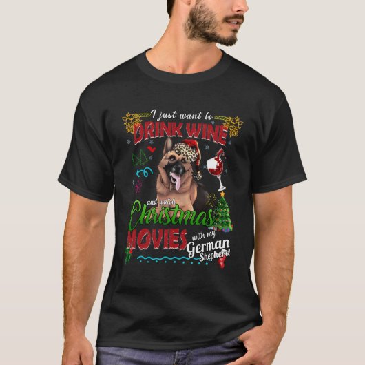 ドイツ語でワインを飲んでクリスマス映画を見る Tシャツ (正面)