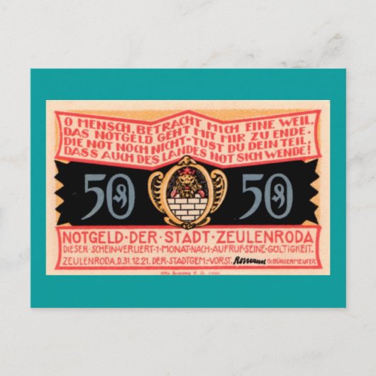 ドイツ語1921 "Zeulenroda" 50 Pfennigノート葉書 ポストカード (正面)