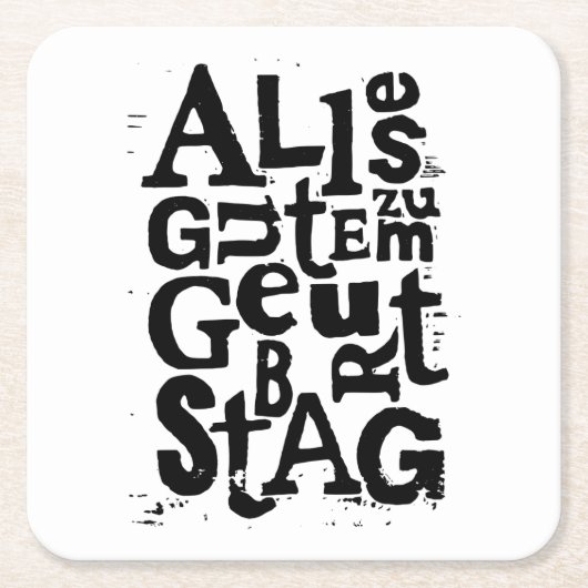ドイツ語"ハッピーバースデー"リノプリント スクエアペーパーコースター (正面)