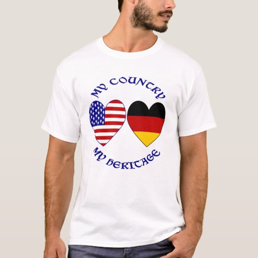 ドイツ アメリカ国旗 ハート 自分の国 自分の遺産 メンズ Tシャツ (正面)