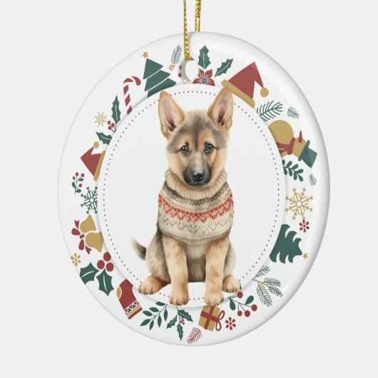 ドイツ・シェパードの子犬のクリスマス オーナメント 冬のスウェーター (左)