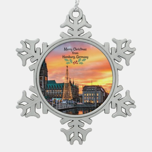 ドイツ、ハンブルグの聖降誕祭お目出度う スノーフレークピューターオーナメント (正面)