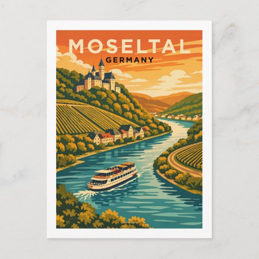 ドイツ モーゼル川の景観を描いたビンテージ風の旅行アート ポストカード (正面)