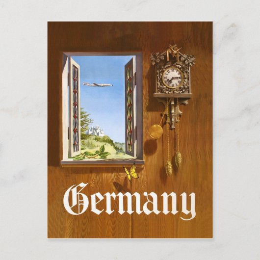 ドイツ、木製の時計と窓からの眺め ポストカード (正面)