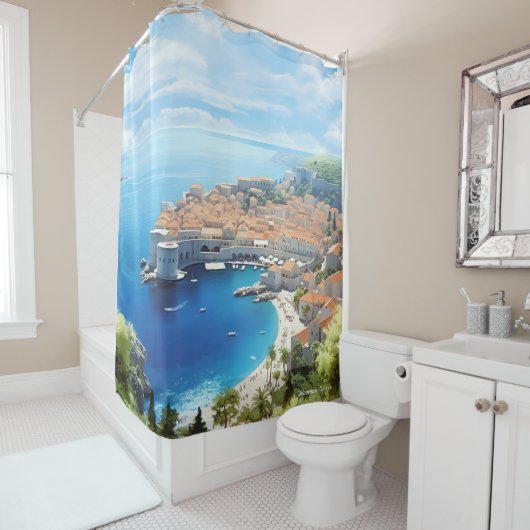 ドゥブロヴニククロアチアアートヴィンテージイラストレーション旅行 シャワーカーテン (インサイチュ)