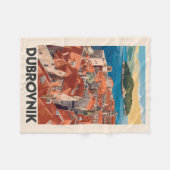 ドゥブロヴニククロアチアイラストレーショントラベルアートヴィンテージ フリースブランケット (正面(横))