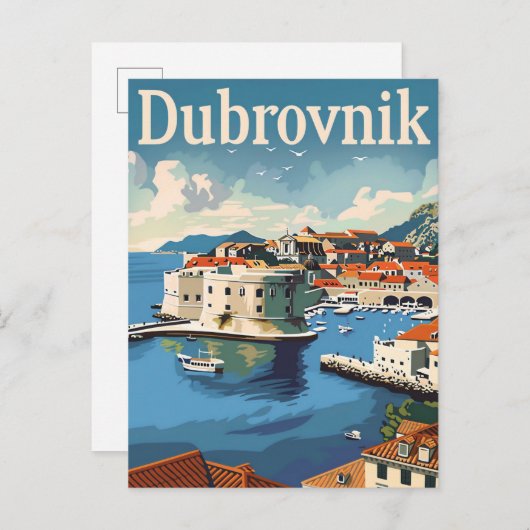 ドゥブロヴニククロアチアヴィンテージトラベルイラストレーション ポストカード (正面/裏面)