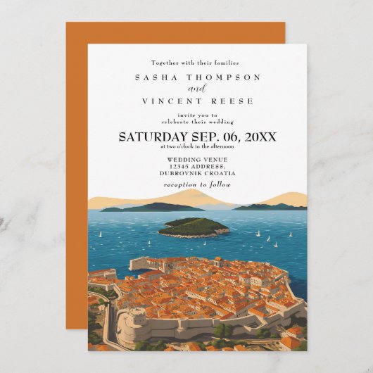 ドゥブロヴニククロアチア結婚式招待状レトロ 招待状 (正面/裏面)