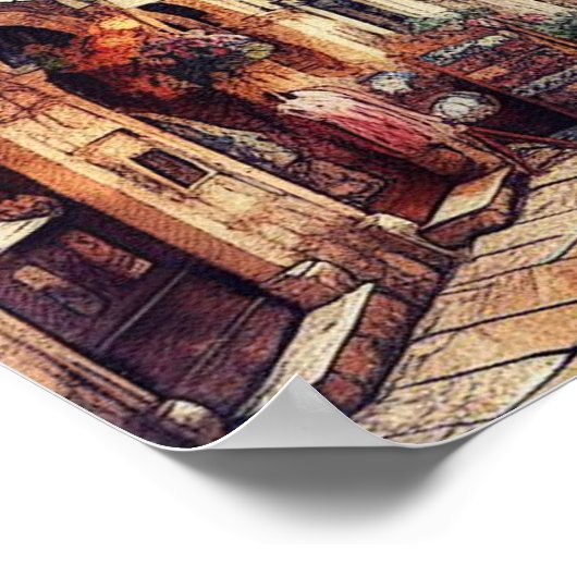 ドゥブロヴニククロアチア通りタワー水彩画 ポスター (角)