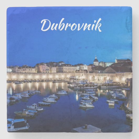 ドゥブロヴニク港と壁が夜にライトアップ ストーンコースター (正面)