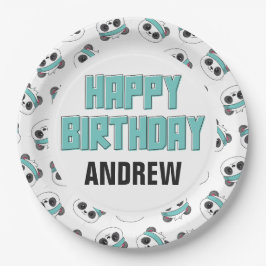 ドゥードティール（緑がかった色）アンドブラックパンダハッピーバースデーパーティー ペーパープレート