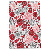 ドゥードルアートスタイルの赤とピンクのバラとハート ヴァレンタイン ミディアムペーパーバッグ (正面)