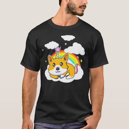 ドゥードルコーギー犬 ユニコーンコーギー 虹 Tシャツ (正面)