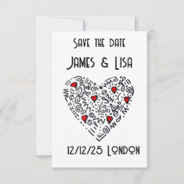 ドゥードルハート Save the Date - ブラック, ホワイト カスタム サンキューカード