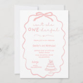 ドゥードル ピンク リボン 女の子 1歳 誕生日 コケッティ 招待状 (正面)