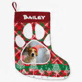 ドカスタムッグの写真&名前、ドッグパウグリーンレッドタータンチェック スモールクリスマスストッキング (正面)