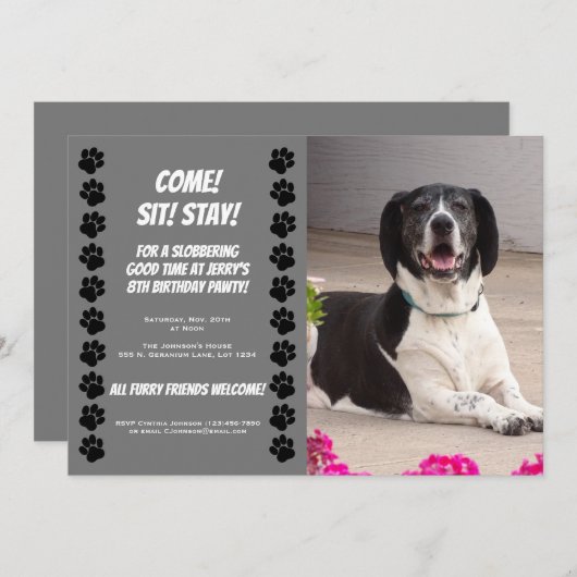 ドギーおもしろい誕生日パーティーへの招待 招待状 (正面/裏面)