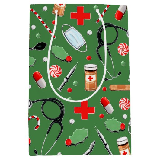 ドクターまたはナースクリスマスホリデイ ミディアムペーパーバッグ (正面)