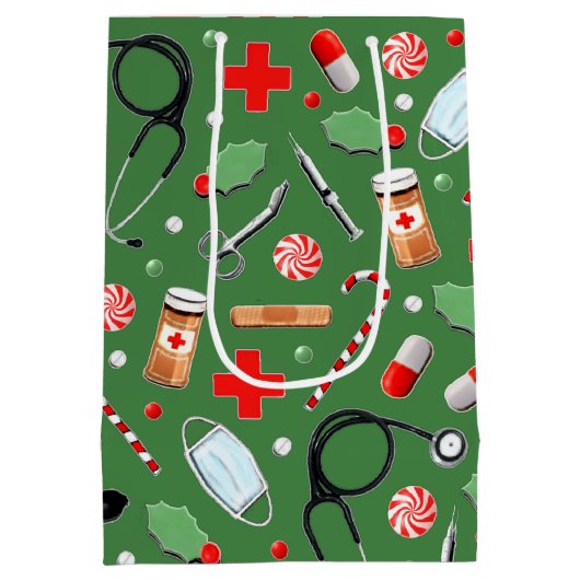 ドクターまたはナースクリスマスホリデイ ミディアムペーパーバッグ (裏面)